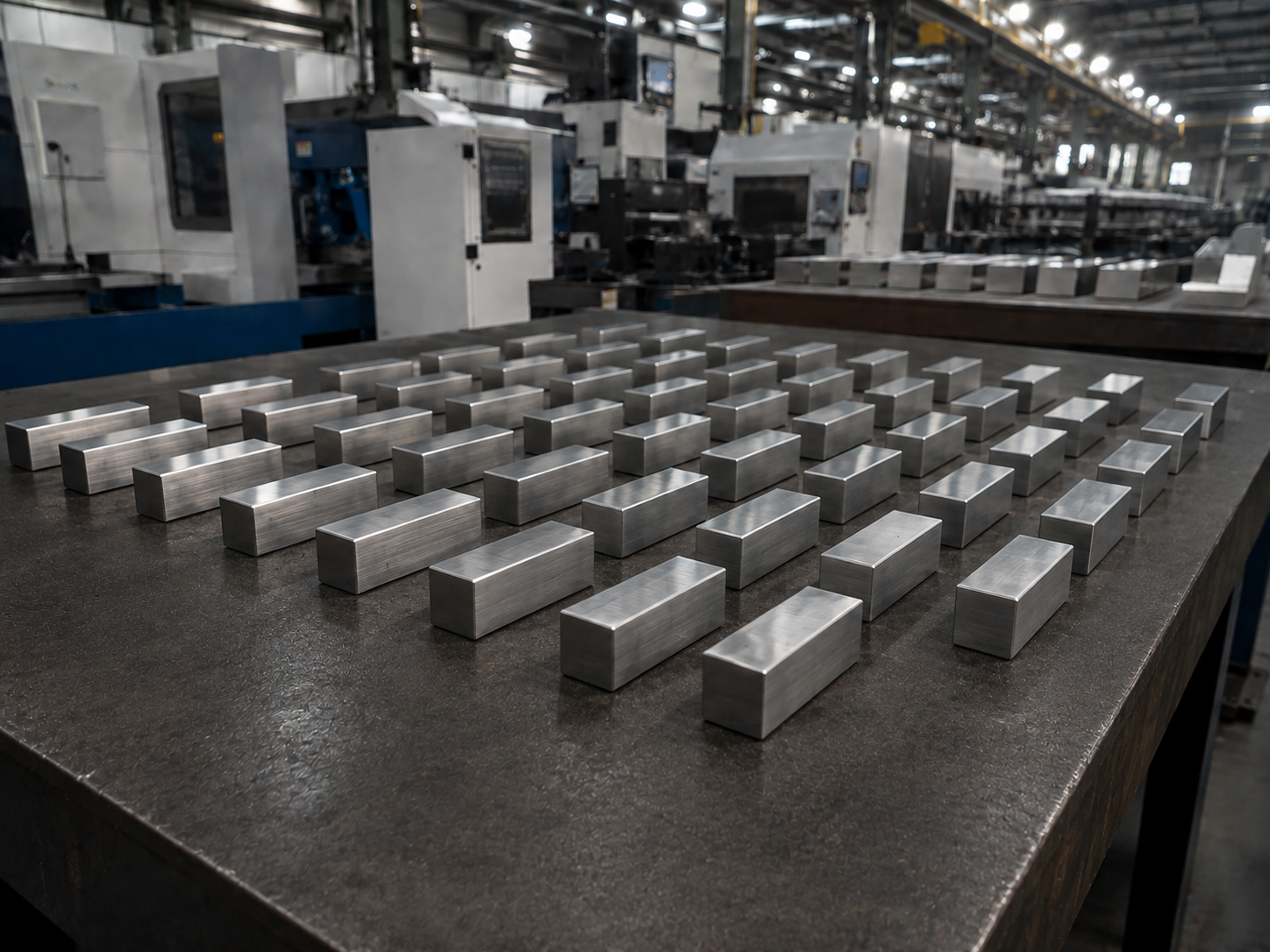 Rows of 303 stainless steel billets in the machine shop