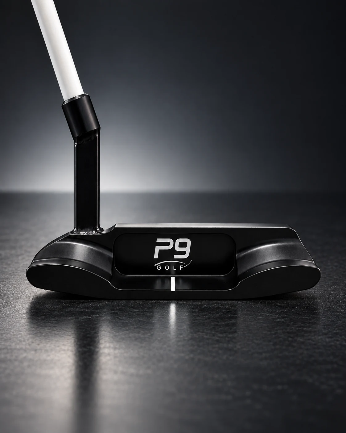 Black P9 Golf putter with white shaft and alignment line