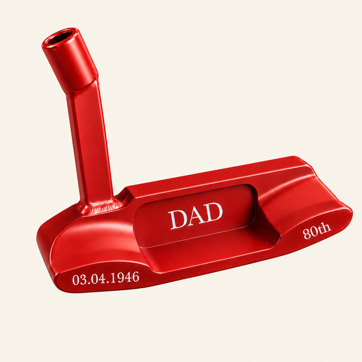 Red bespoke putter engraved DAD, 80th and 03.04.1946