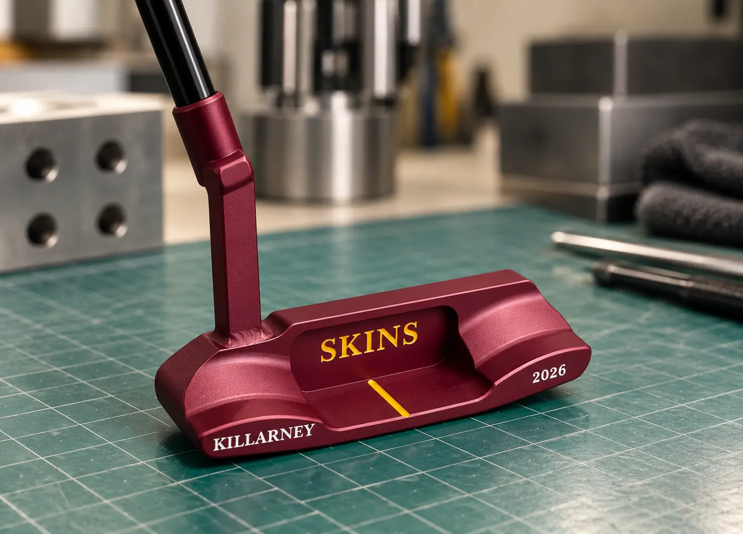 Red SKINS Killarney 2026 putter with yellow alignment line on a green workshop mat