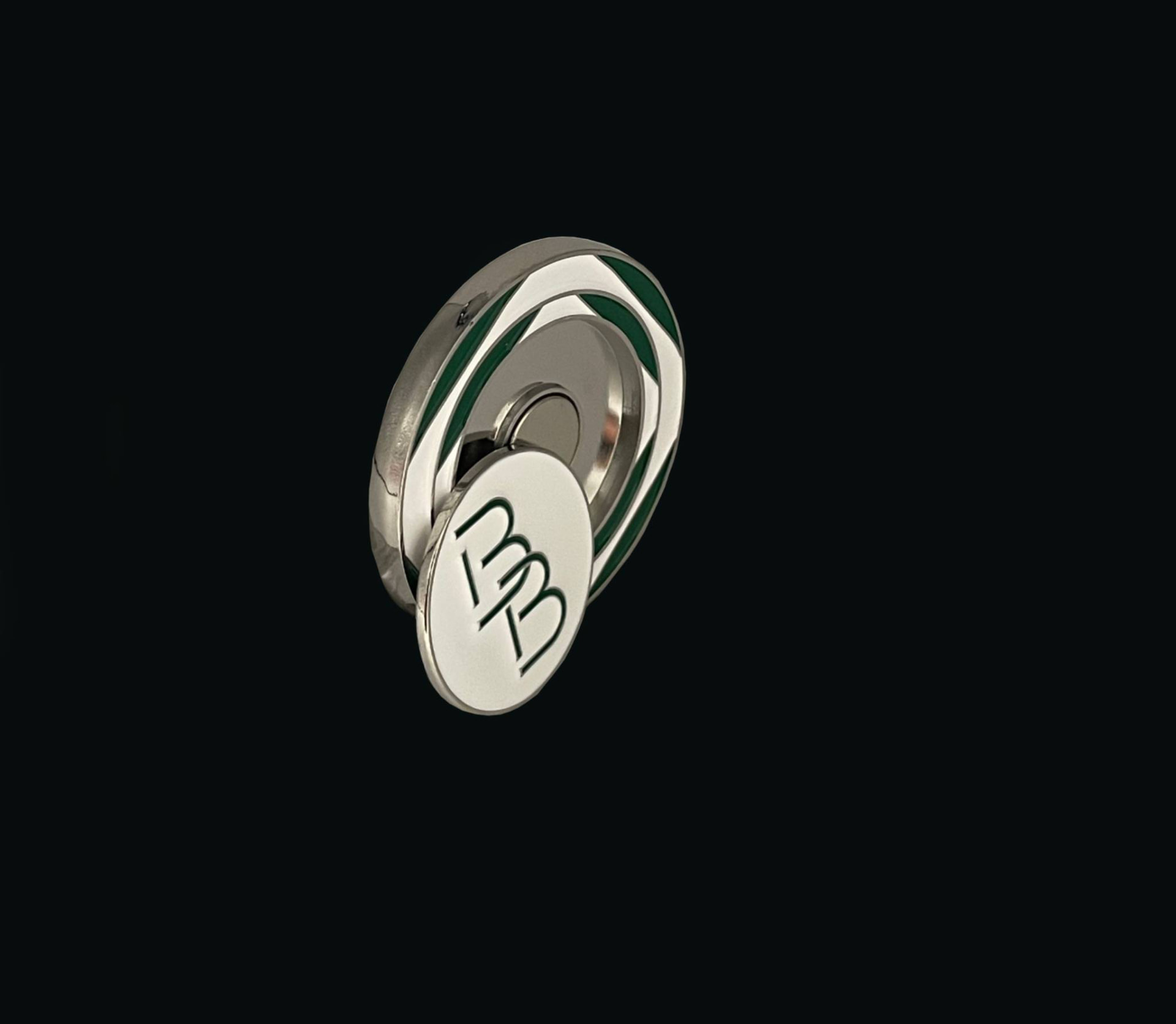 Green and silver enamel ball marker with BB monogram