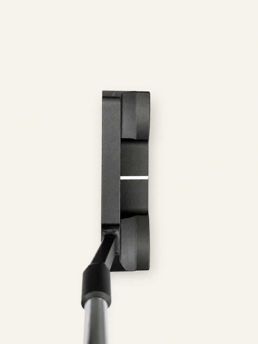 Top view of a black bespoke putter and shaft with a white alignment line