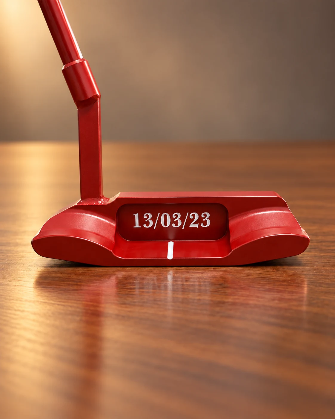 Red putter engraved 13/03/23 photographed on a wooden surface
