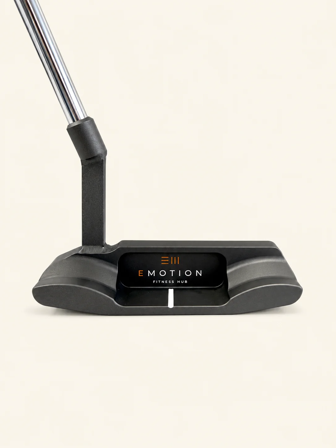 Black E-Motion Fitness Hub mallet putter shown face-on with white alignment line