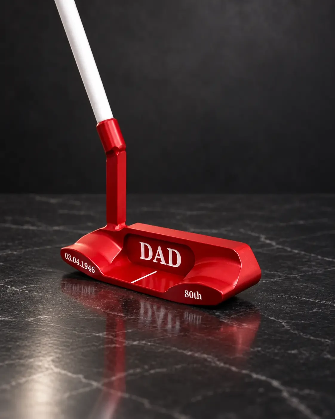 Red putter engraved DAD, 80th and 03.04.1946 with white shaft