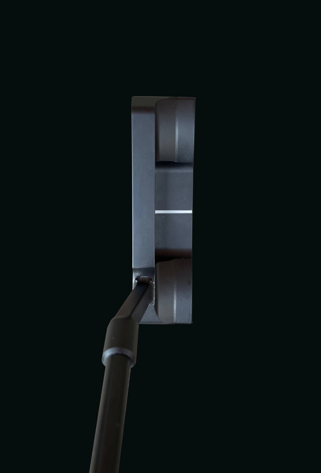 Black Bertie Boucher putter viewed from behind with white alignment line