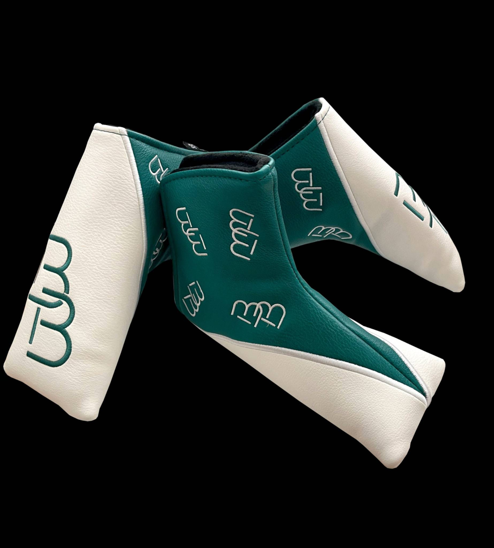 Green and white leather putter headcovers with BB embroidery