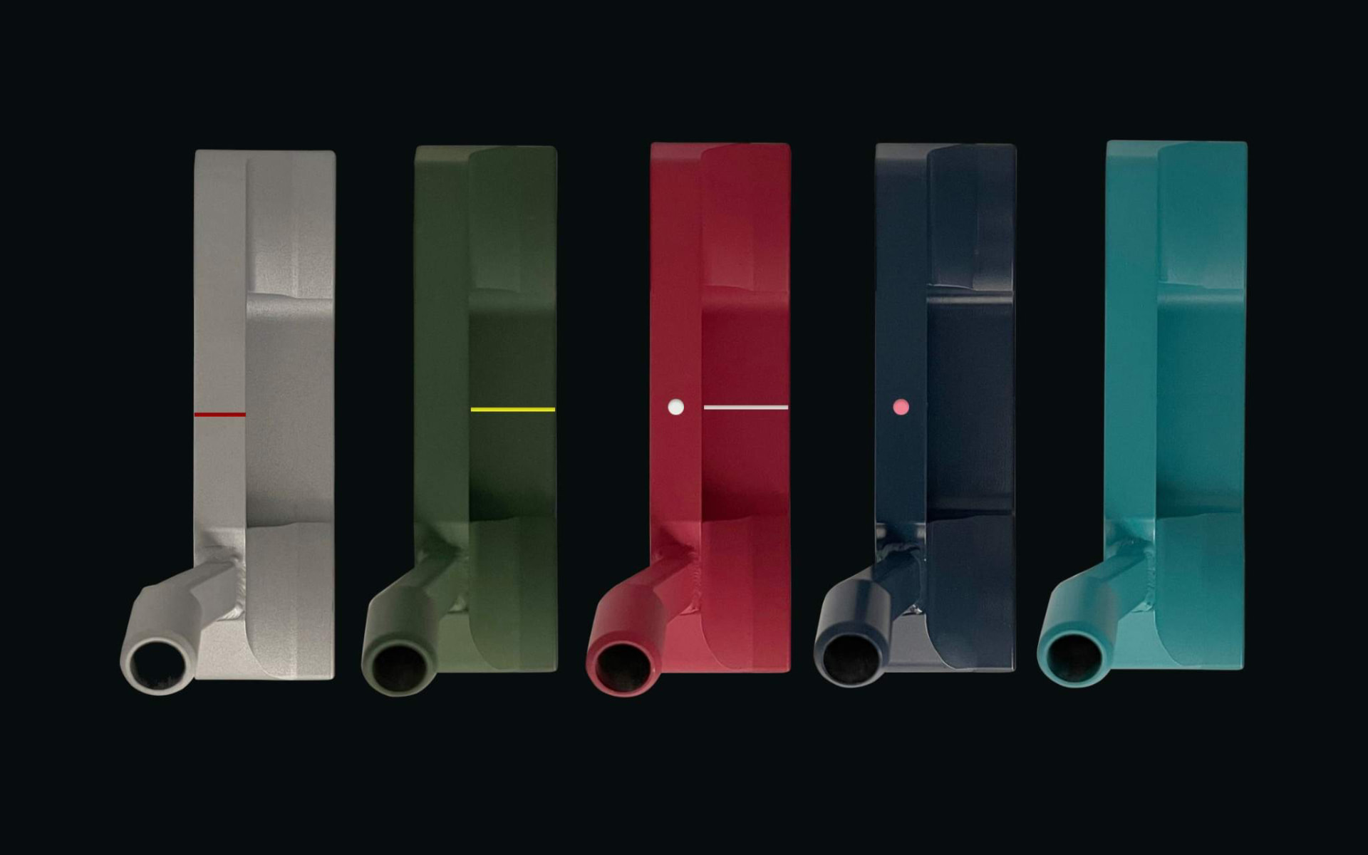 Five putters shown face-on with coloured alignment aids