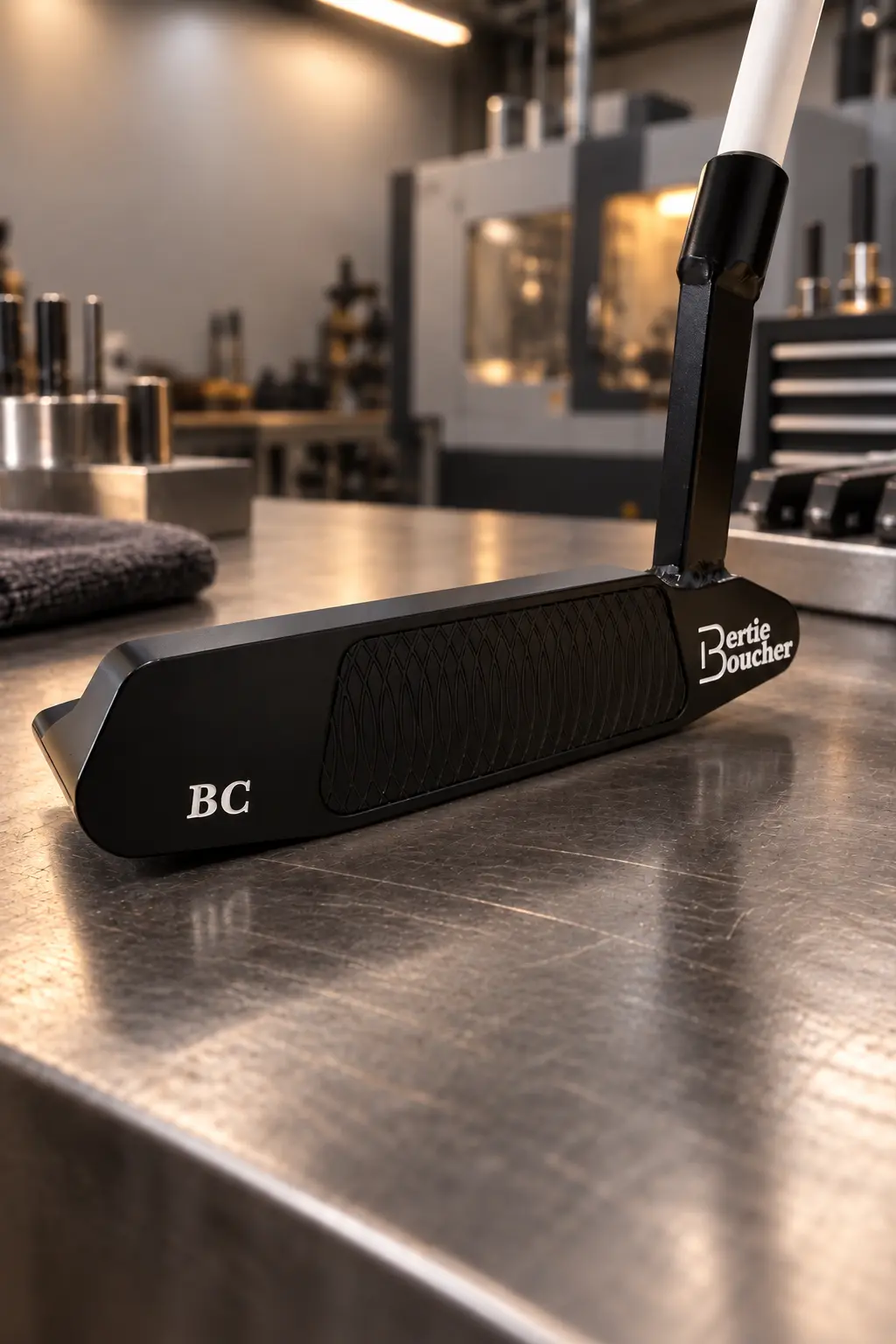 Black BC Bertie Boucher putter with black insert on a steel workshop bench
