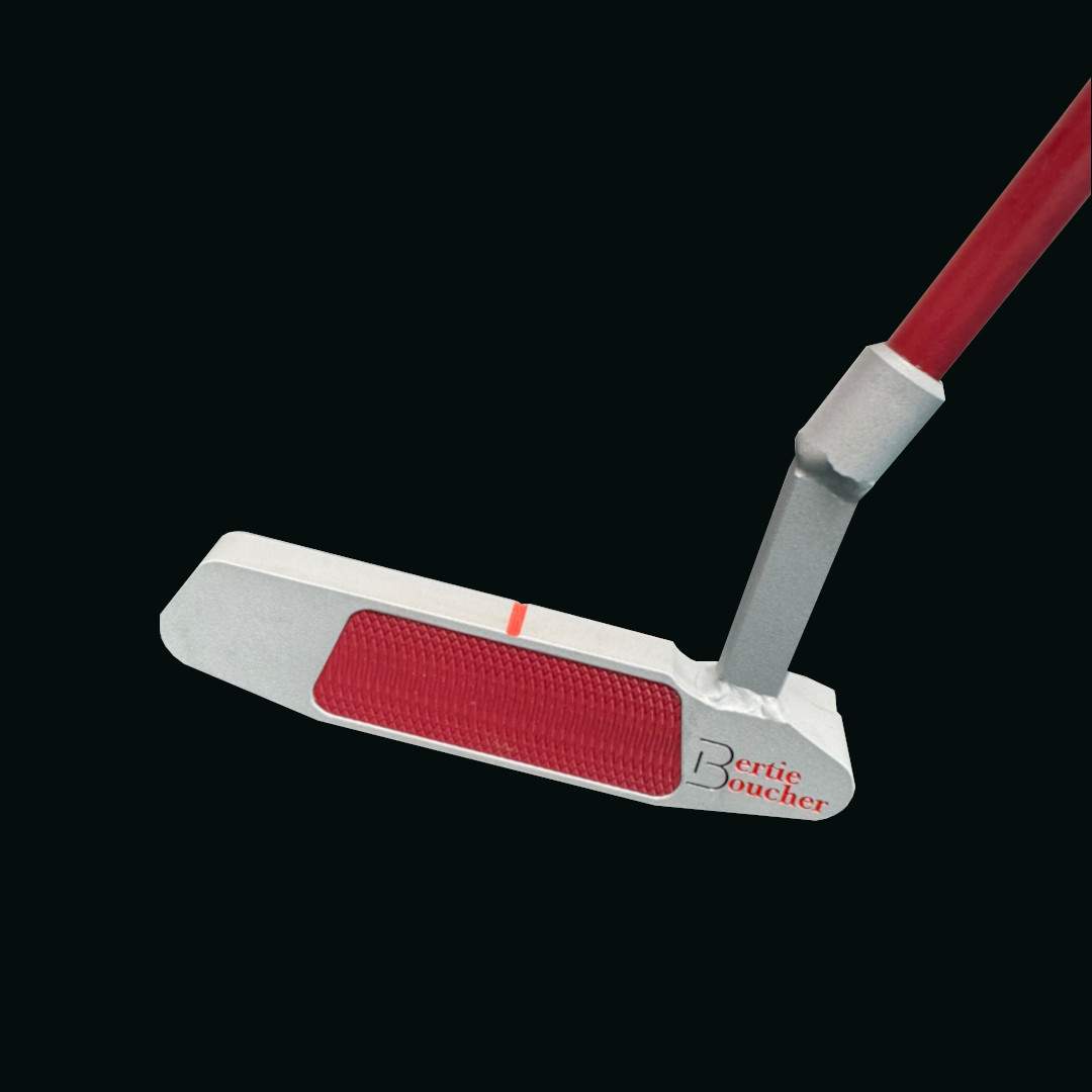 Silver Bertie Boucher putter with red milled face insert and red shaft