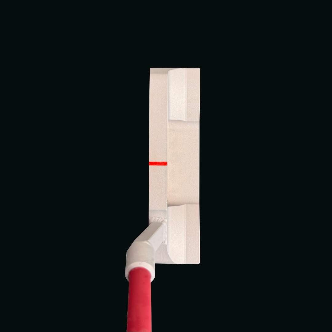 Silver Bertie Boucher putter face-on with red alignment line