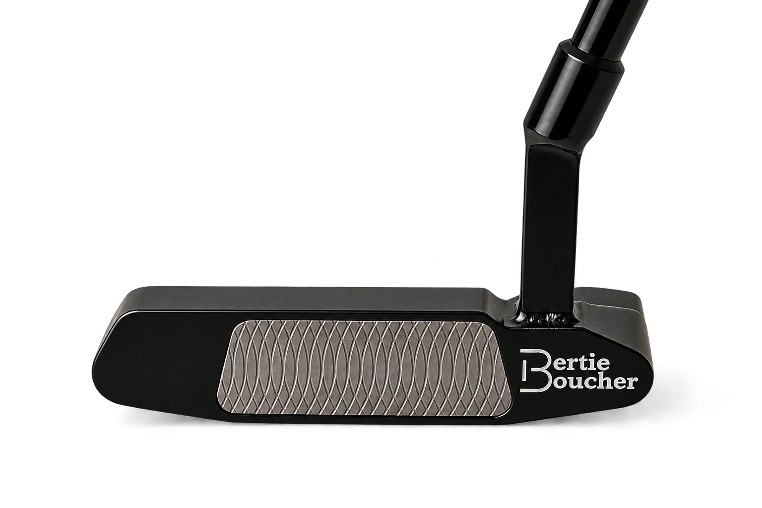 Black Bertie Boucher putter with teal face insert and wordmark on the heel