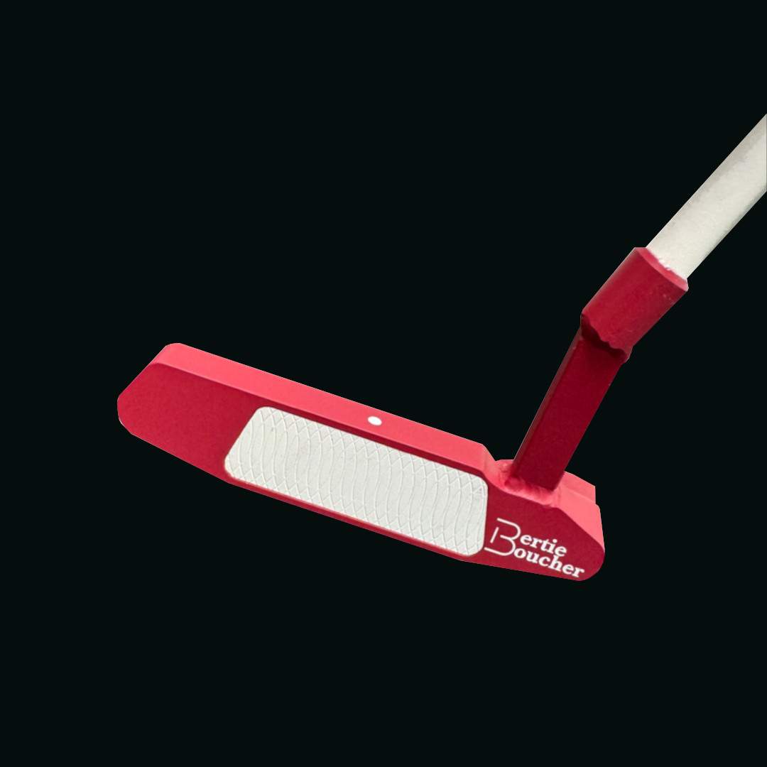 Red Bertie Boucher putter shown from above with white milled face insert