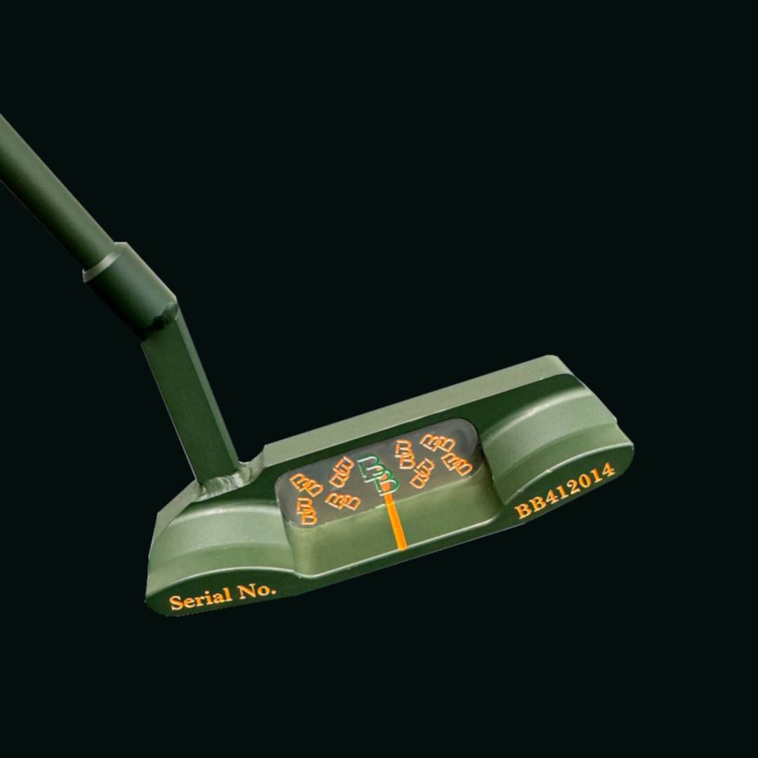 Olive green putter head with mirrored BB logo face insert