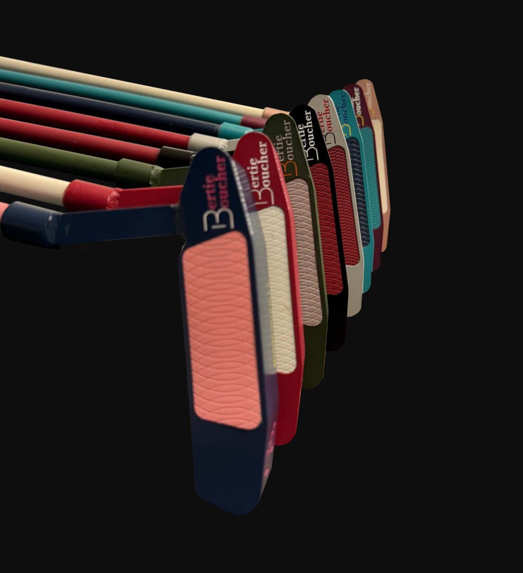 Finished putters in a golf bag