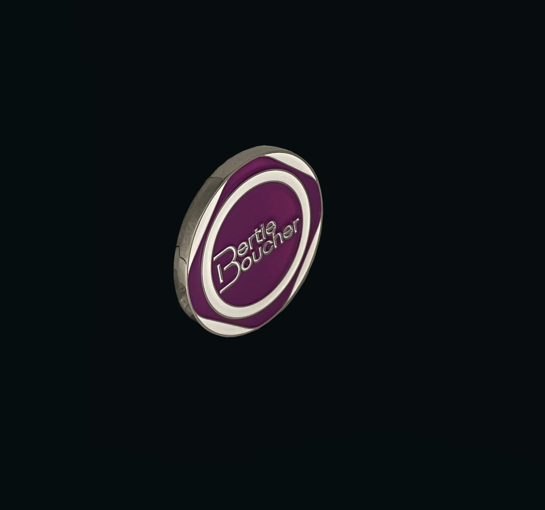 Purple and silver enamel ball marker with Bertie Boucher wordmark