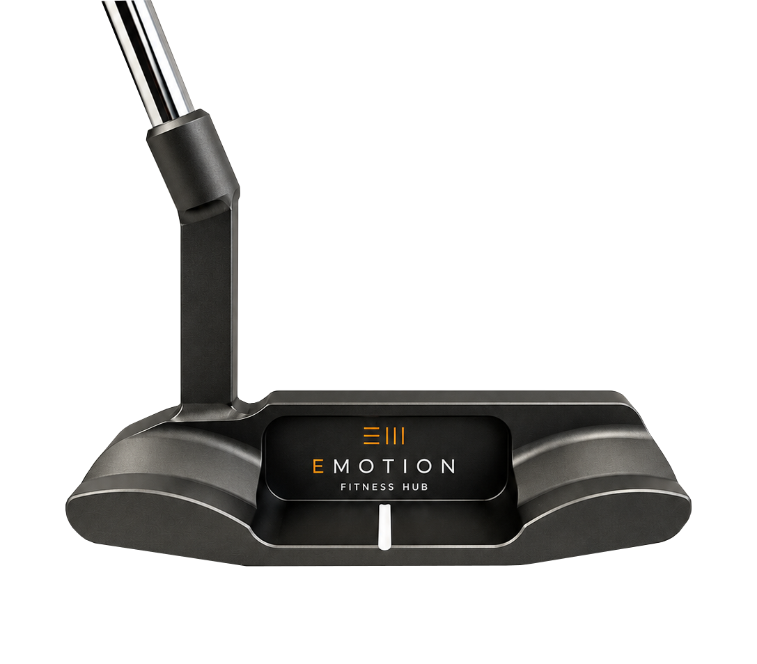Black Bertie Boucher putter branded with E-Motion Fitness Hub logo on the face