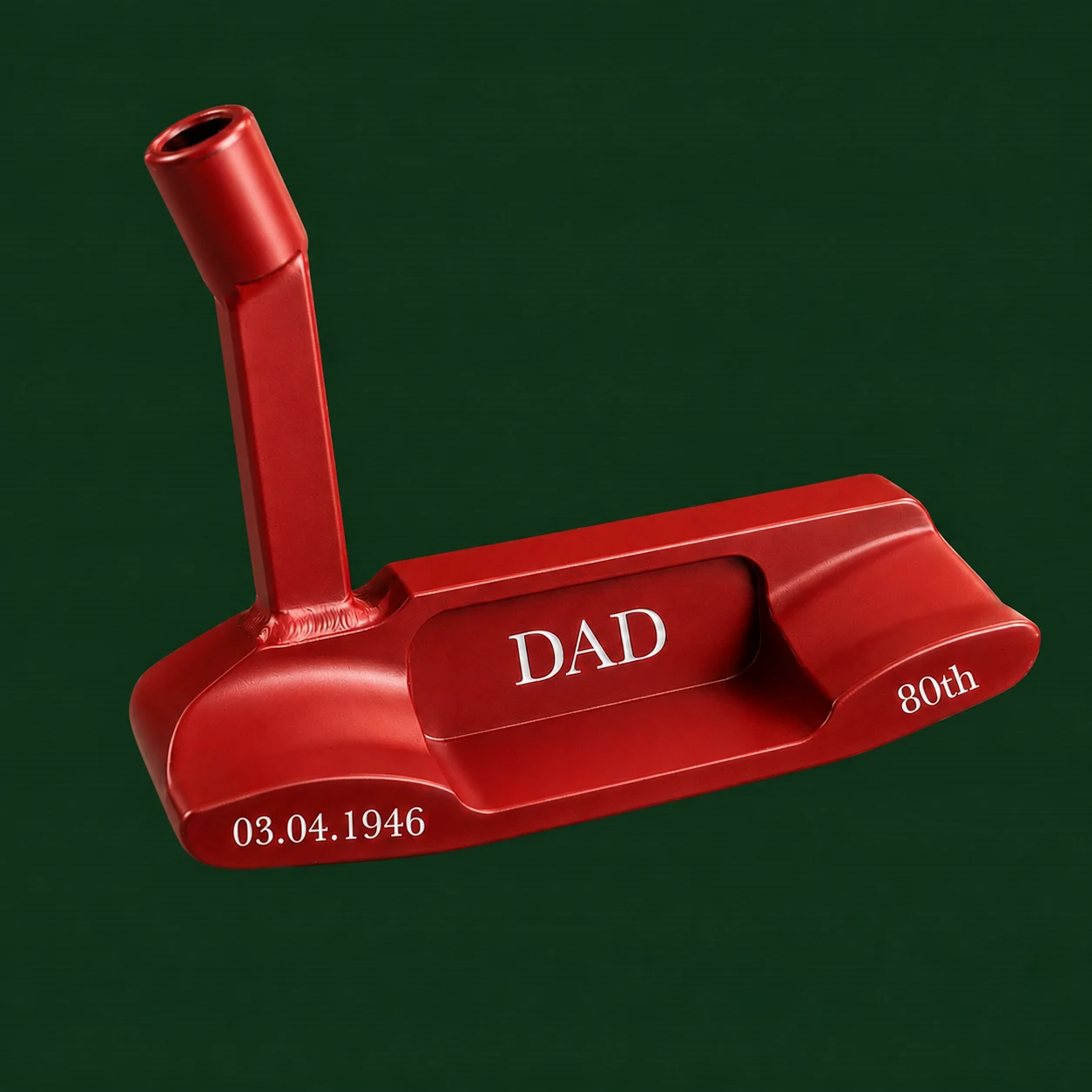 Red putter engraved DAD, 80th and 03.04.1946 on a deep green background