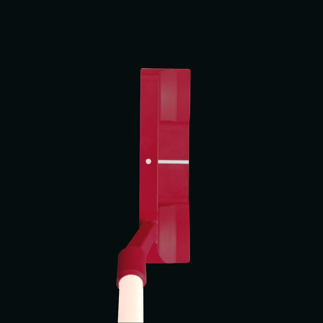 Red Bertie Boucher putter face-on with white alignment line