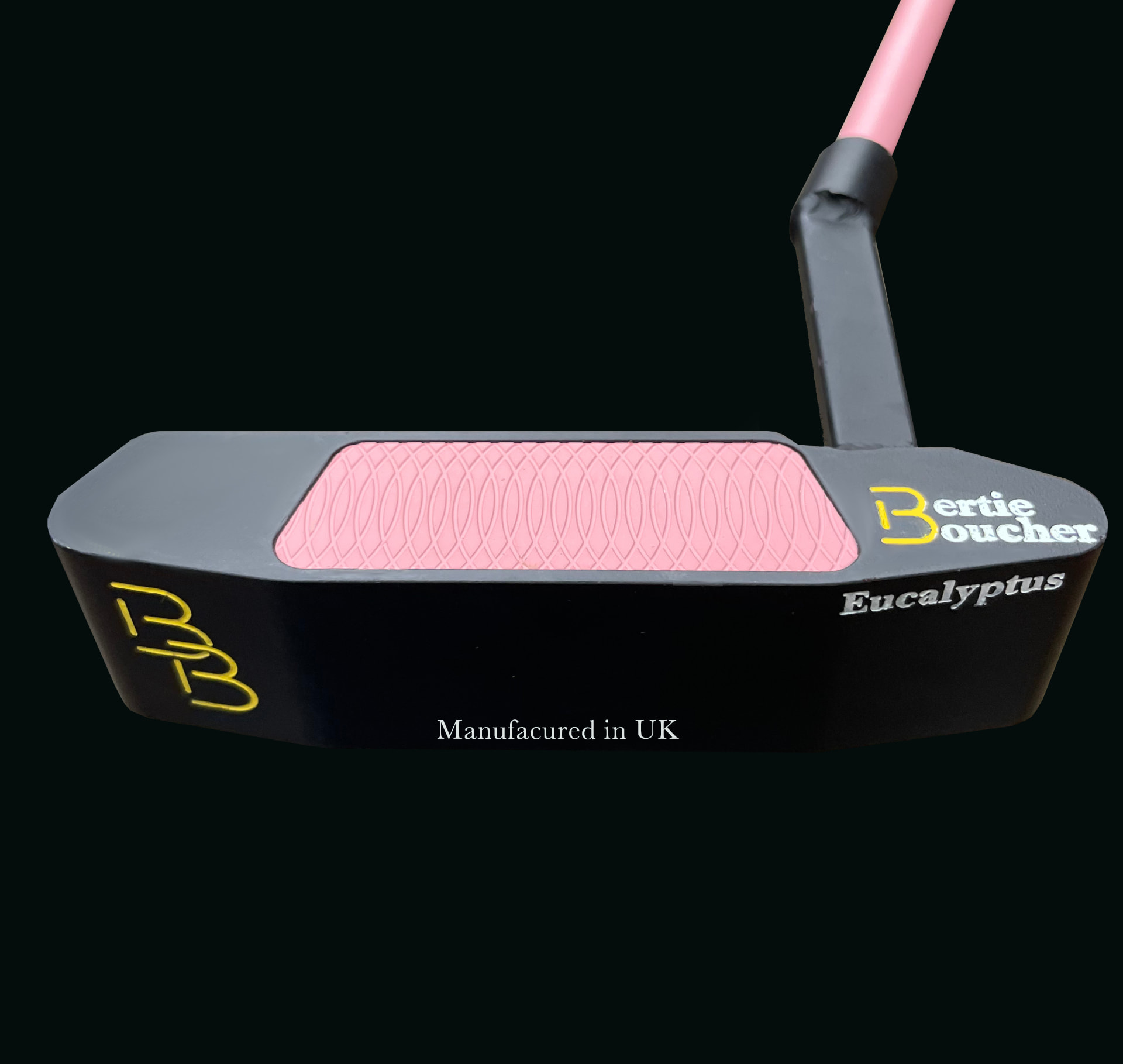 Black Eucalyptus putter with pink face insert, pink shaft and gold BB monogram
