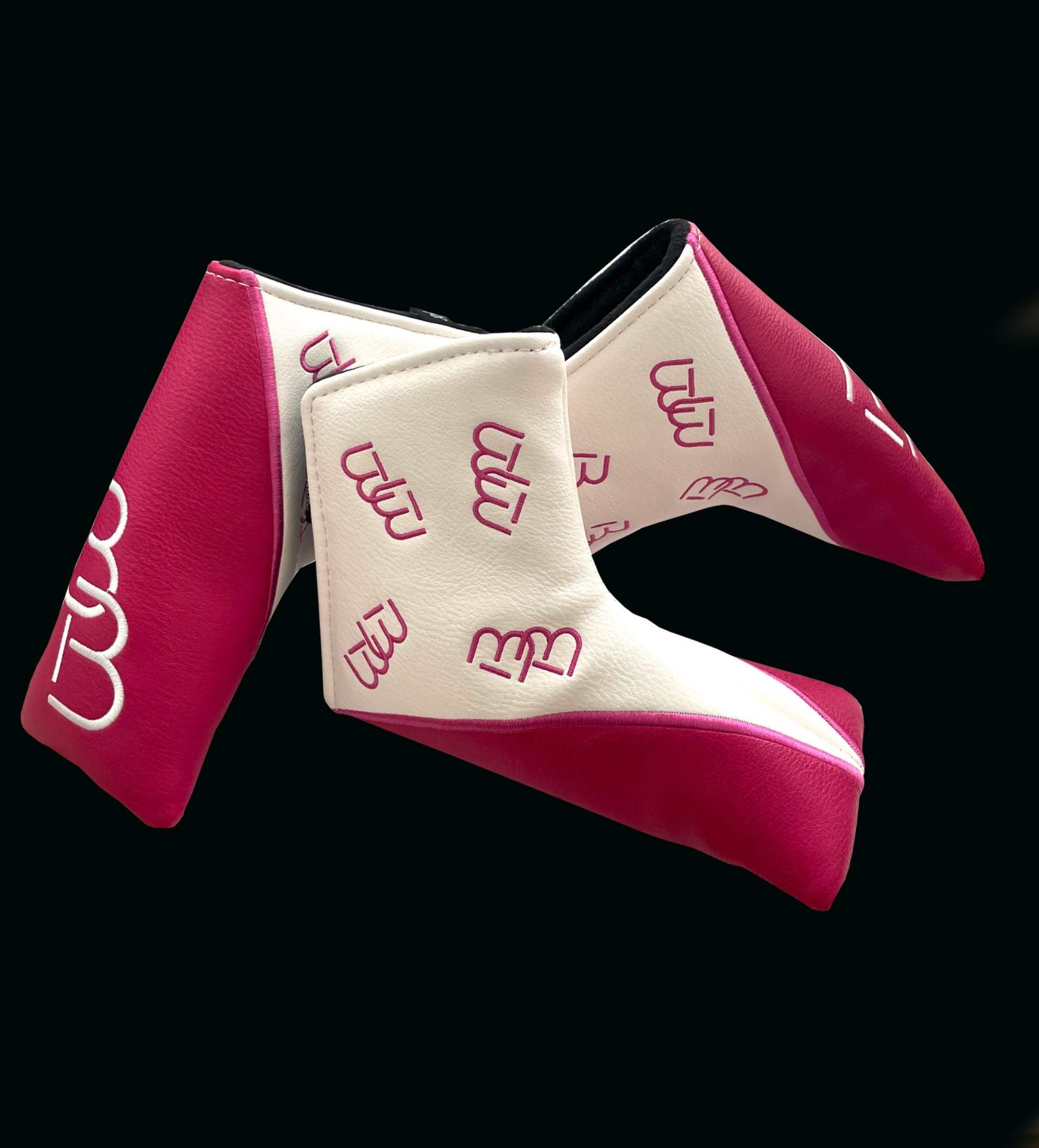 Pink and white leather putter headcovers with BB monogram embroidery